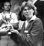 Photograph of Carole Hodges receiving the trophy after England Women won the Test Series against India, 1986
