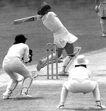 Carole Hodges in action against India, 1986